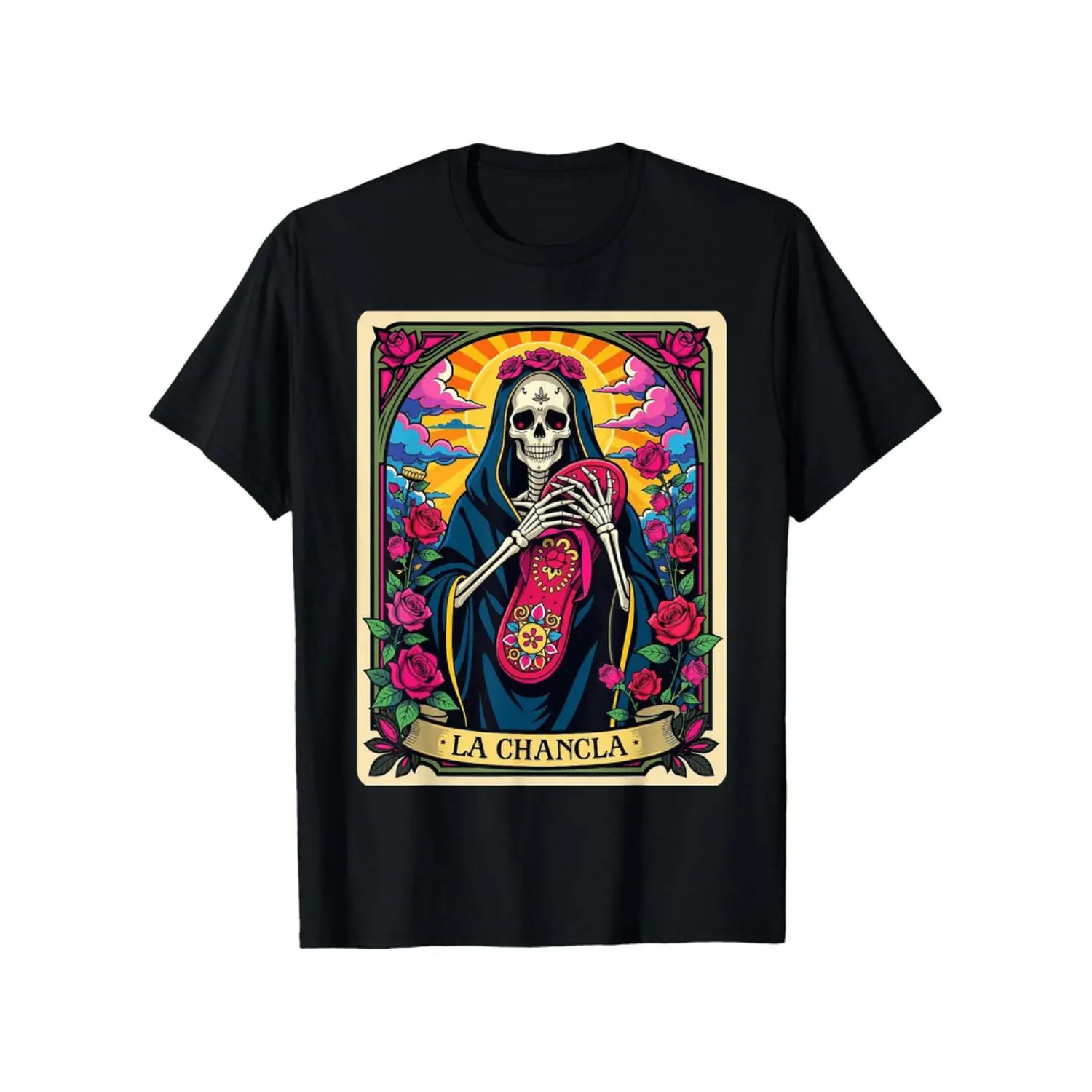 Men's 100% Cotton La Chancla Flip Flop Dingo Card Mexican Tarot Graphic T-Shirt - Black Day of the Dead Skeleton & Floral Print, Breathable Regular Fit Short Sleeve Casual Tee for Adults