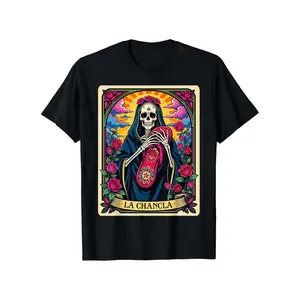 Men's 100% Cotton La Chancla Flip Flop Dingo Card Mexican Tarot Graphic T-Shirt - Black Day of the Dead Skeleton & Floral Print, Breathable Regular Fit Short Sleeve Casual Tee for Adults