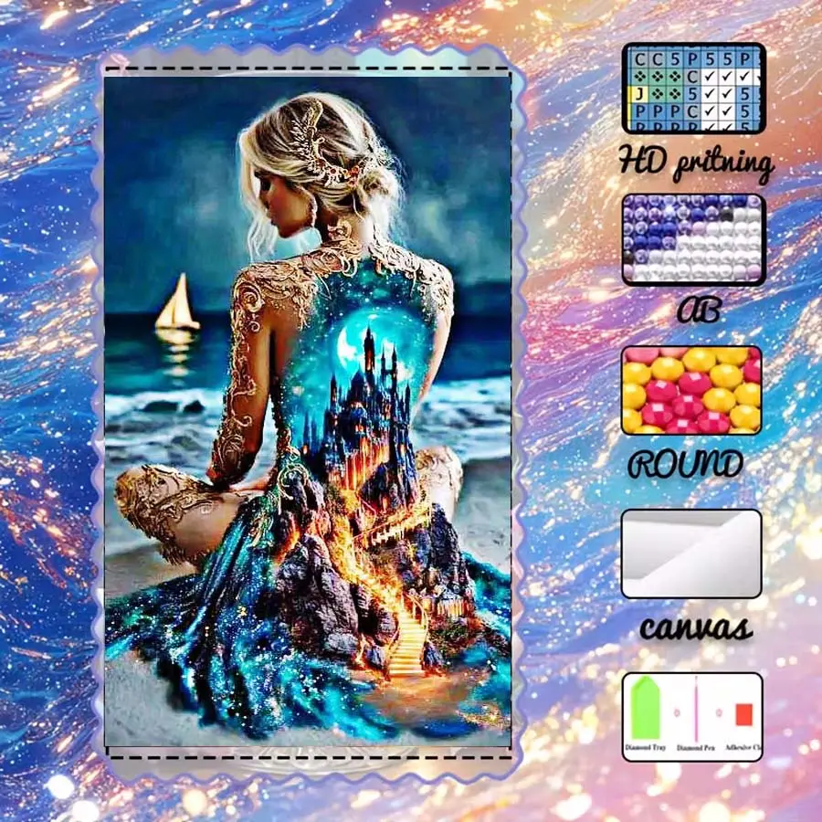 DIY 5D velvet, AB rhinestones, fairy dust diamonds, crystal diamonds, seaside castle diamond embroidery, diamond painting handmade kit, Canvas, special craft diamond art set, wall decoration, Handicraft, gifts for family, lovers, and friends.