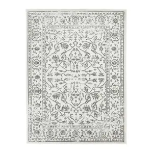 HomeRoots 531760 8 ft. Light Gray Round Floral Power Loom Area Rug with Fringe