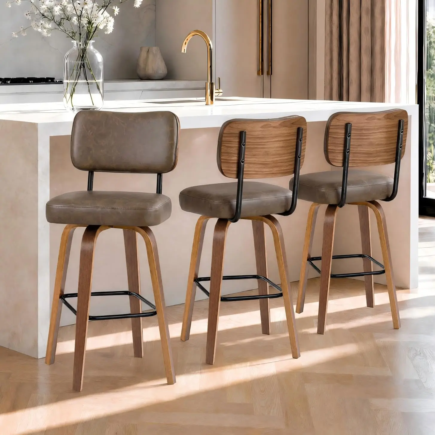 Garvee Modern Swivel Bar Stools with Backrest - Set of 2 Counter Height Chairs - 26" Faux Leather Seats - Bentwood Legs - Comfortable Kitchen Island or Home Bar Seating