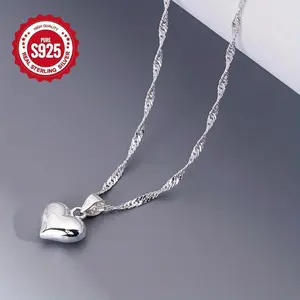 S925 Sterling Silver Heart Shaped Pendant Necklace for Women, Zircon Decor Adjustable Necklace, Fashion Jewelry Accessories for Gift, Love Heart Necklace, Heart Design Necklace