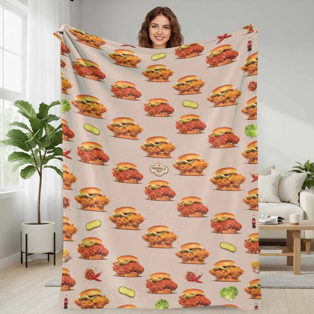 Spicy Chicken Burger Flannel Blanket, Nashville Hot Sandwich Food Print, Wrinkle-Resistant Durable Bed Warmer Blanket, Soft Lightweight Warmth Throw for Sofa Bedroom, Daily Office Life Gift Home Decor