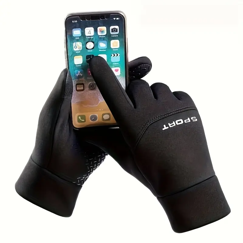 Winter outdoor gloves with fleece lining for warmth, waterproof, windproof, and water-resistant. Black gloves for sports, running, cycling, skiing, hiking, impact gloves, and touchscreen use. Men's thermal gloves.