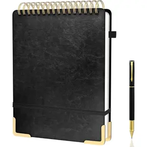 A4 Top Spiral Notebook, Large Leather Hardcover Top Bound Steno Pads, 240 Pages 100 gsm Thick Lined Paper Left Handed Notebook Journal for Work, School, Meeting Writing - Black, 8.5" x 11"