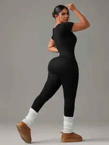 Women's Solid Square Neck Sports Jumpsuit, Sporty Comfy Breathable Jumpsuit for Yoga Gym Workout Running, Ladies Sportswear for All Seasons, Stretchable Activewear