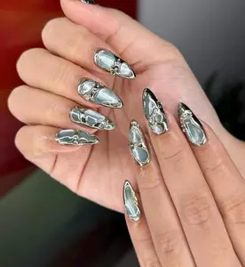 Silver Liquid Chrome Press On Nails, Futuristic Metallic Stiletto Nails, Y2K Cybercore Handmade Reusable False Nails for Women