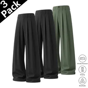 Men’s pleated wide-leg trousers with adjustable cuffs, dress suit trousers, business casual loose suit pants