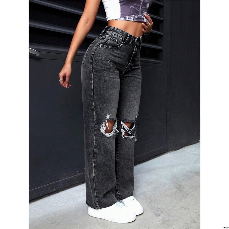 Jeans straight leg ripped washed petite SHEIN