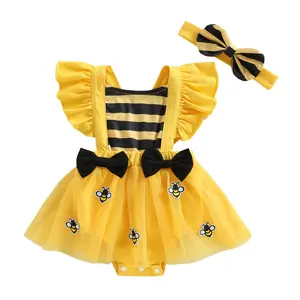 Babamoon Infant Baby Girl 2 Piece Outfits Set Sleeveless Bee Themed Striped Tulle Romper Dress Bow Headband Clothing Set 0-18 Months