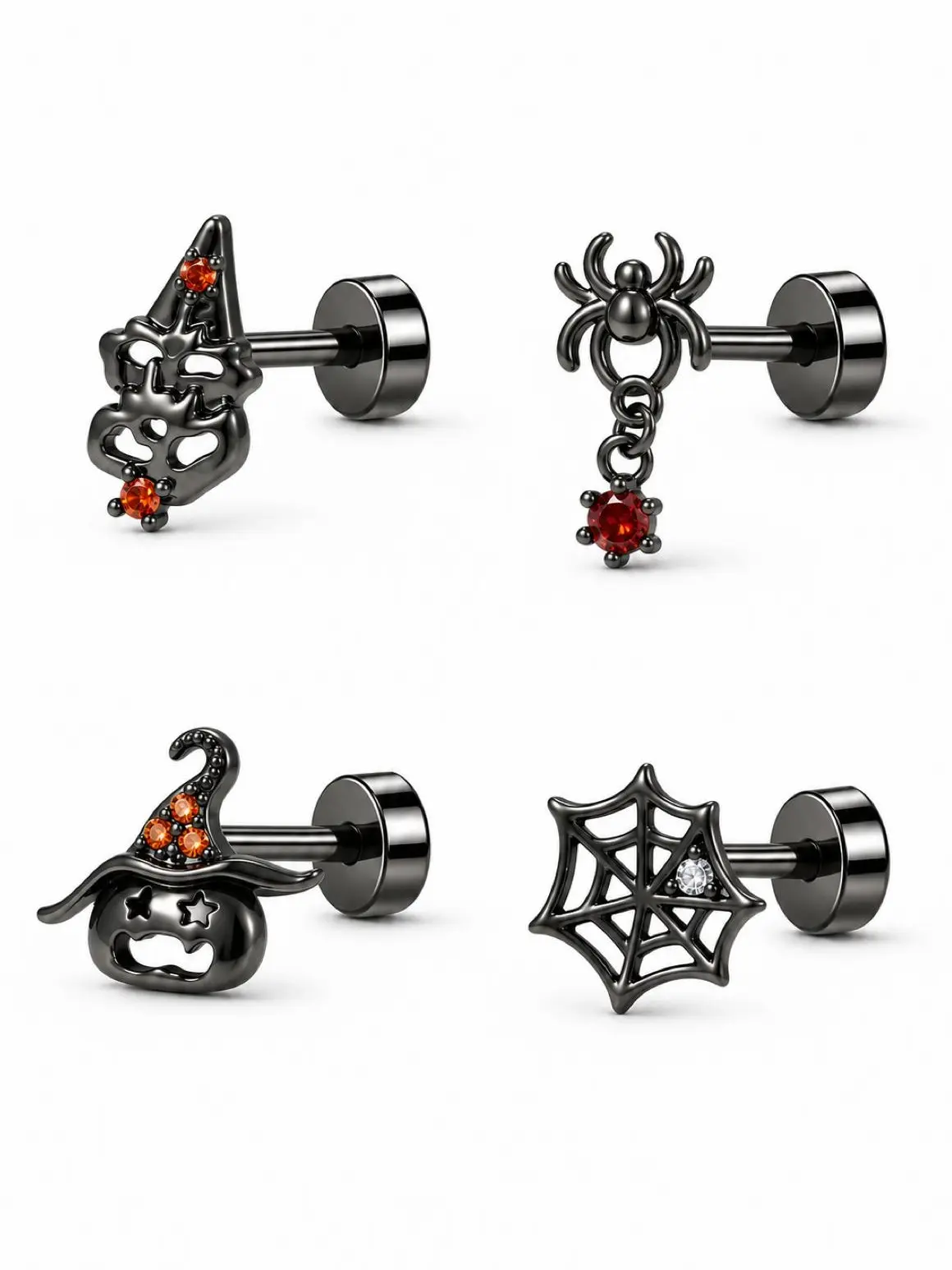 4PCS Halloween Flat Back Stud Earrings Set, 20G Spider Web Pumpkin Witch Hat Earrings, 316 Stainless Steel Posts, Gothic Helix Cartilage Jewelry