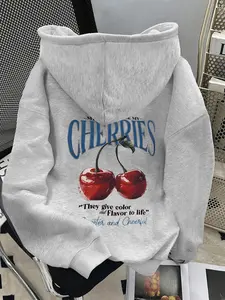 Women's Casual Hooded Sweatshirt with Cherry Letter Print, Drawstring Pocket Design, Thick Fabric, Loose Fit, All Seasons Wear