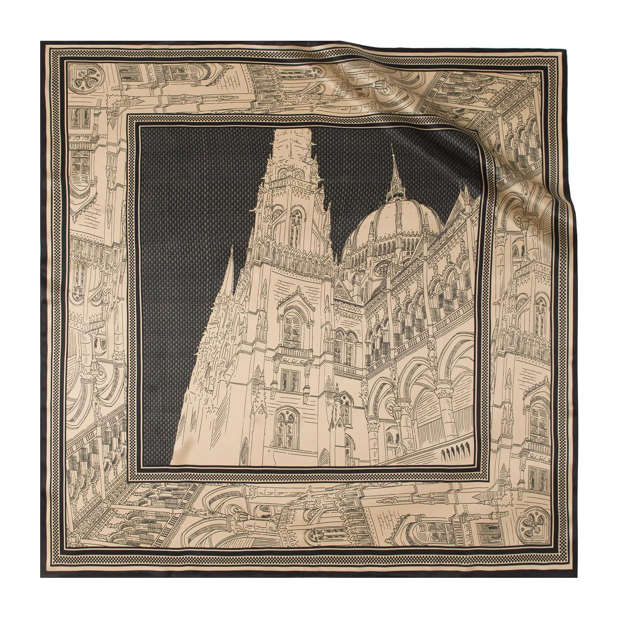 Retro Black & Gold Mulberry Silk Crepe Satin Headscarf with Geometric Print, Sun Protection, Multi-Purpose Women’s Scarf  long night scarf