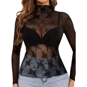 Mesh Long Sleeve Top for Women, Lace Sheer Tops See Through Mock Neck Floral Embroidery Sheer Blouce Fishnet Shirt