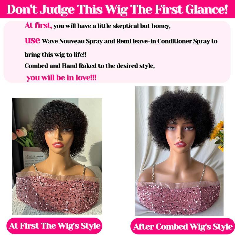Glueless Wigs Human Hair Short Afro Kinky Curly Blonde Wigs For Women Human Hair Put on & go Soft and Fluffy Glueless Wigs 70s 80s Hair Kinky Curly Wig Cosplay or Daily Use Wigs 180% Density Pixie Curl Work Wig Onetide Hair