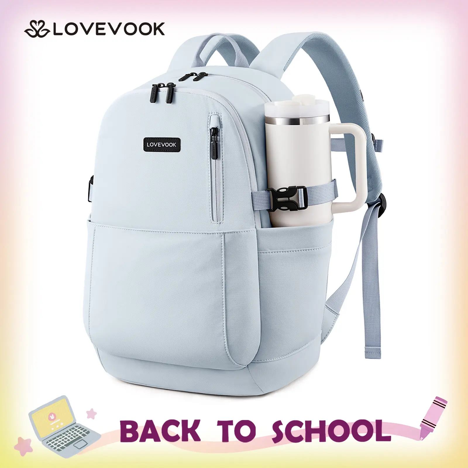 LOVEVOOK Minimalist School Backpack for Teens, Water-Resistant 15.6 Inch Laptop Backpack, Large Capacity Bookbag with Bottle Holder for College, Travel, Work