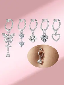 Stainless Steel Non-Piercing Belly Ring, Butterfly and Heart Design, Rhinestone Decor, Party Night Club Accessory, Elegant Gift