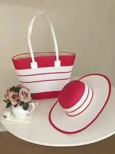 2pcs Women's Fashion Straw One Shoulder Large Capacity Bag, Bohemian Casual Purse, and Bohemian Sunscreen and UV Protection Straw Hat, Retro Simple and Versatile, Suitable for Daily Travel, Travel, Beach Vacation, and Various Outdoor Activities