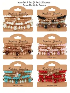 4pcs Faux Agate Bohemian Bracelet Set, Stackable Beaded Bracelets, Crystal Tassels, Multicolor Boho Jewelry for All Seasons