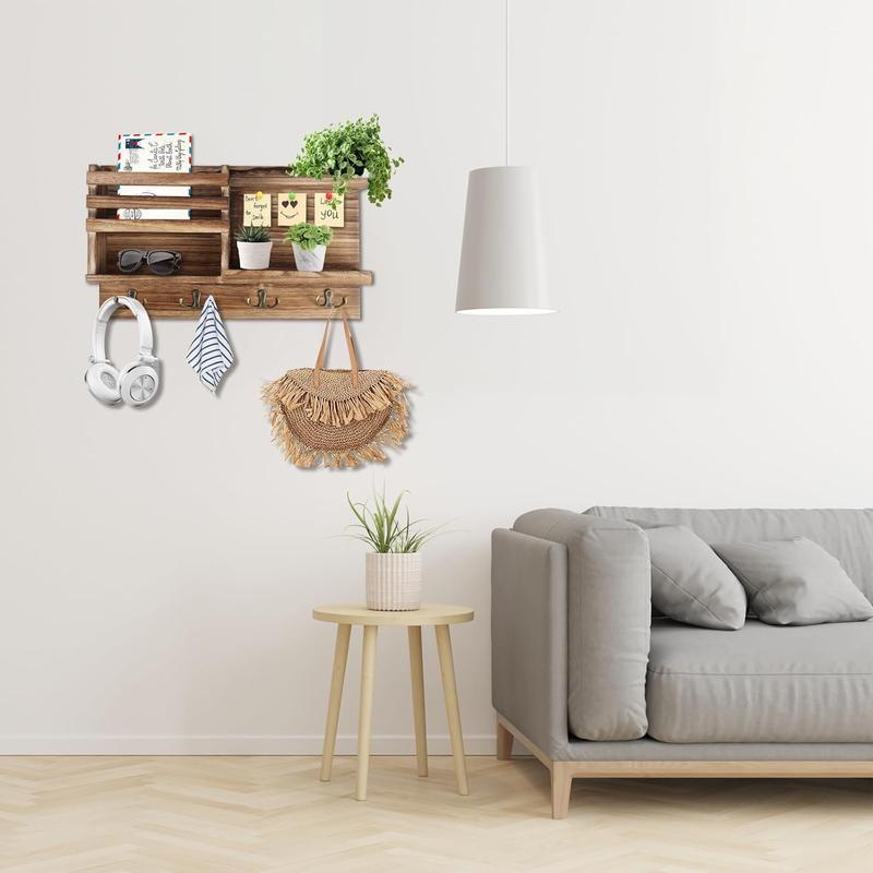 Wall Mount Key Organizer with 8 Hooks, Solid Wood Entryway Storage for Keys and Mail, Self Adhesive or Drill Installation, Rustic Home Decor for Hallway Bedroom Farmhouse (Burnt Brown)