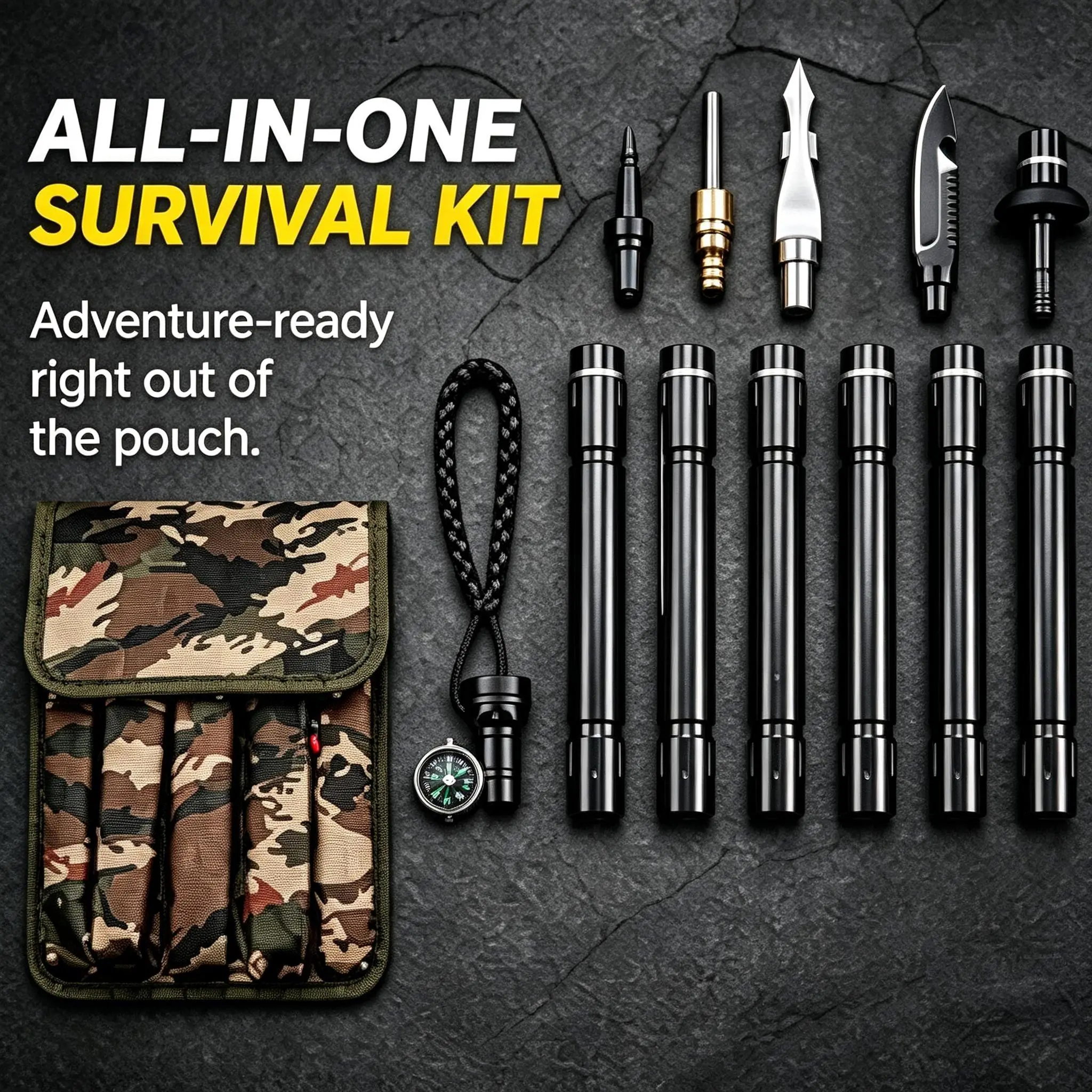 Unisex Metal 6-Section Detachable Multifunctional Trekking Pole with 9-in-1 Multi-Tool Survival Kit - Fire Starter, Whistle, Compass, Cutter, Folding Shovel - Compact Pack for Camping, Outdoor Trips