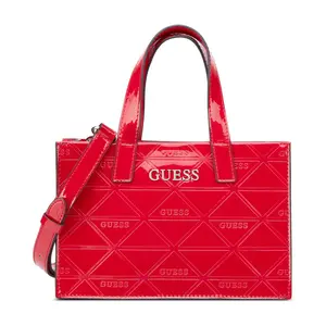 GUESS Finneas Mini Tote Crossbody Bag Glossy Logo Mini Carryall Structured Shape Top Handles Lightweight Compact Design