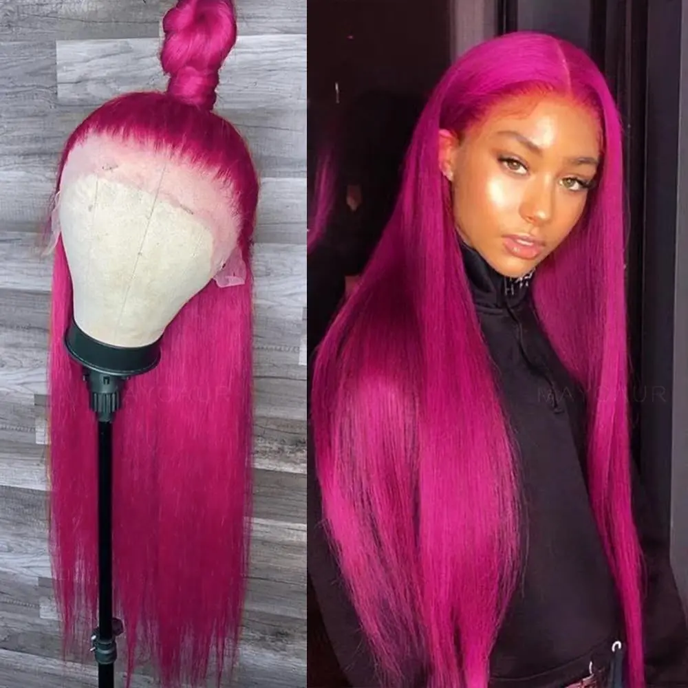 Long Straight Hot Pink Lace Front Wigs Pre Plucked Hairline Glueless Hair Rose Red Synthetic Lace Front Wigs for Fashion Women Heat Resistant Fiber Red Colored Wig Glueless Part Wig