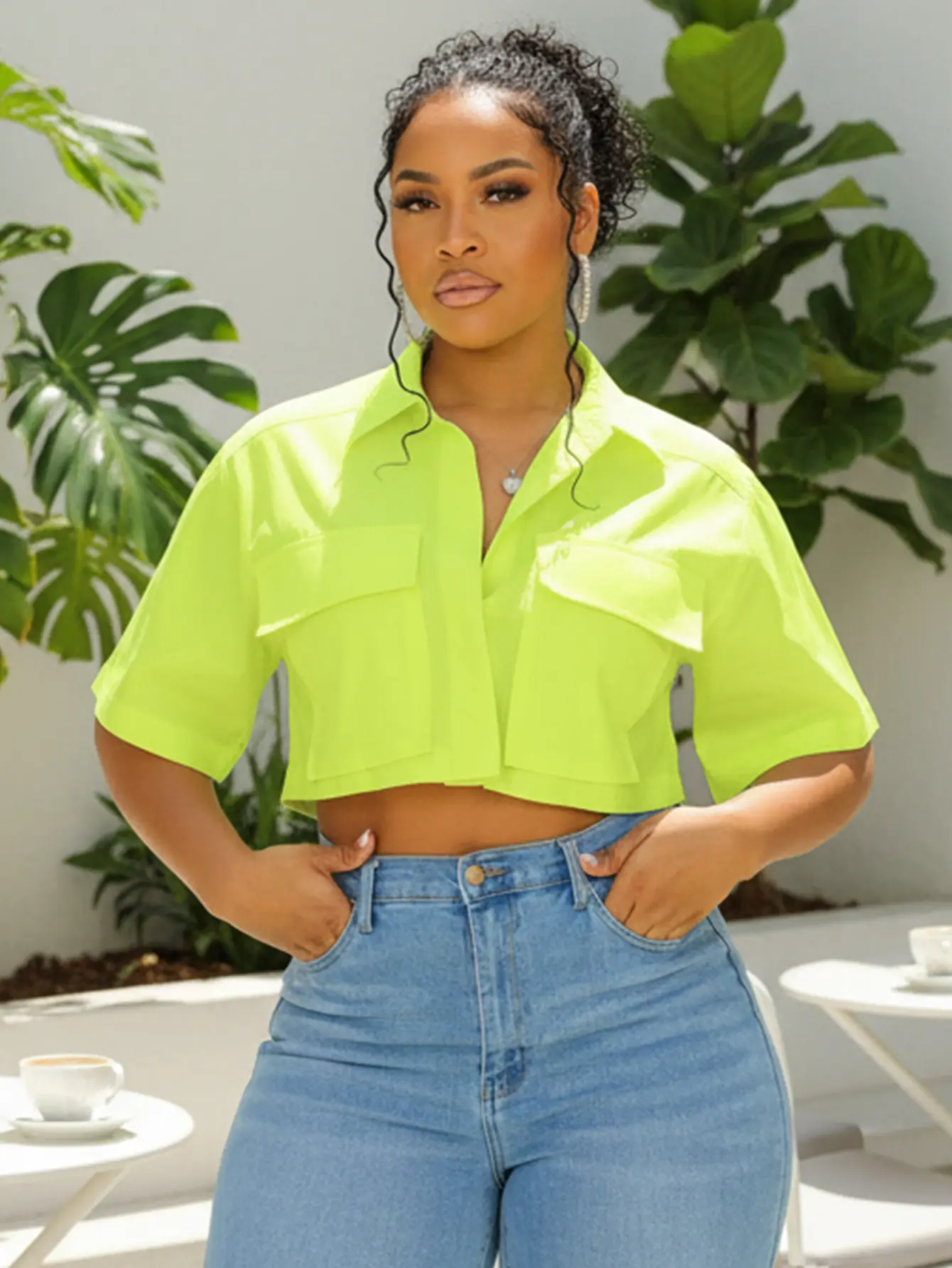 JOY PAY Neon Green Cropped Button-Up Shirt with Front Pockets Casual Denim for Summer Outfits  HN319