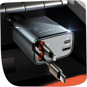 LISEN 4-in-1 Retractable USB-C Car Charger – 69W Fast Charging