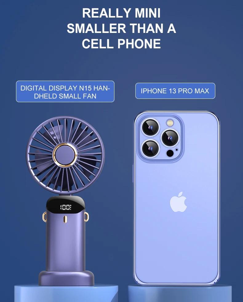 3000mAh Handheld Mini Fan Foldable Portable Neck Hanging Fans 5 Speed USB Rechargeable Fan with Phone Stand and Display Screen