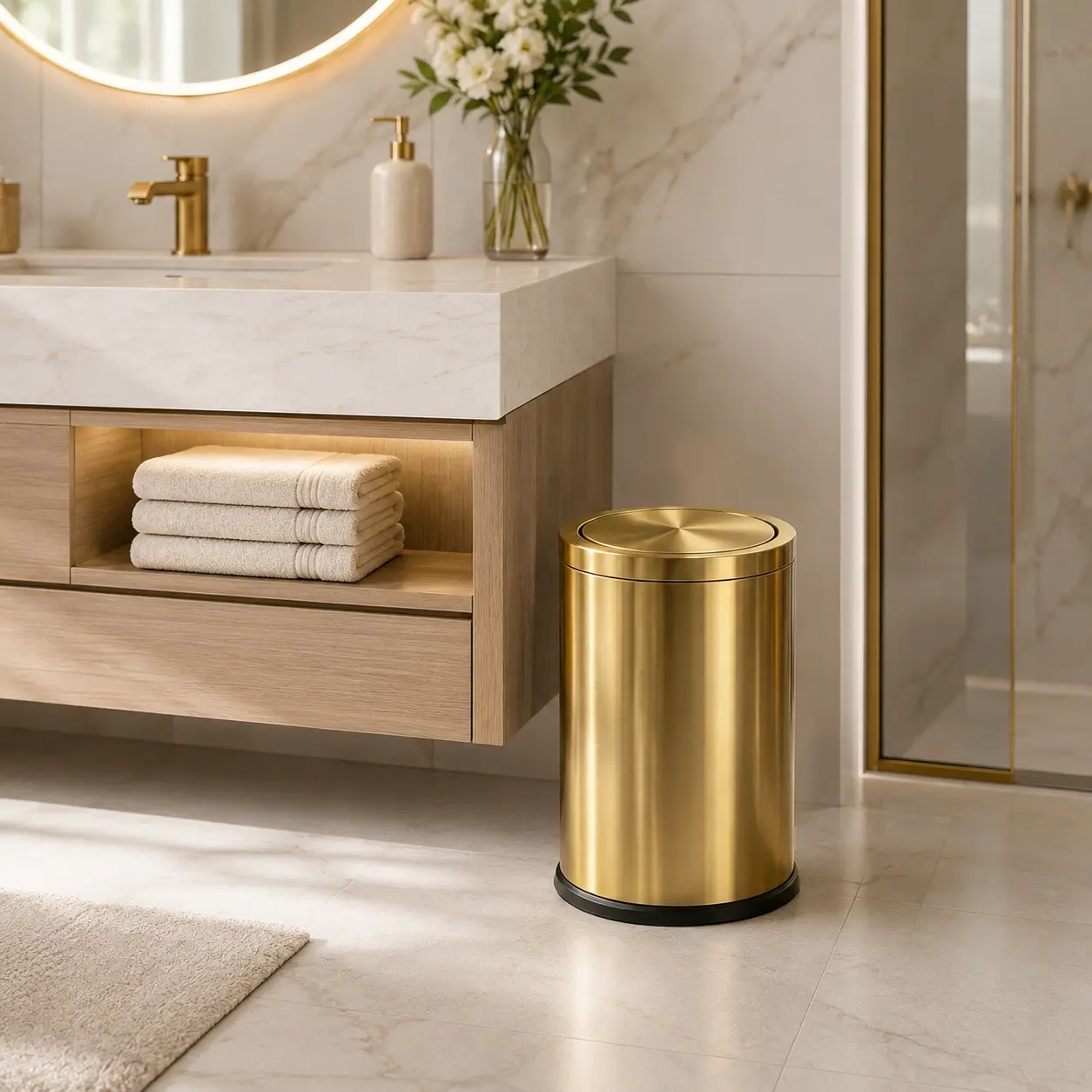 9L Golden Stainless Steel Garbage Can with Odor Block Feature, 360° Silent Flip Lid Anti-Rust Trash Bin, High-End Noiseless Waste Container for Kitchen Bathroom & Office Use