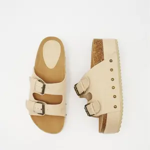 Women's Metallic Platform Sandals Cork Footbed Heeled Slides with Double Buckles Comfort Flatform Slippers Beige