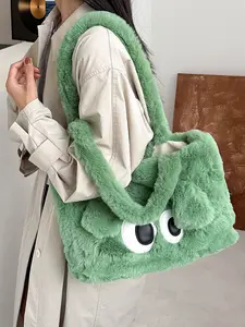2025 Fashion Autumn Winter New Style Large Capacity Solid Color Plush Tote Bag Cute Big Eyed Puppy, Handbag, Armpit Shoulder Commuter Bag