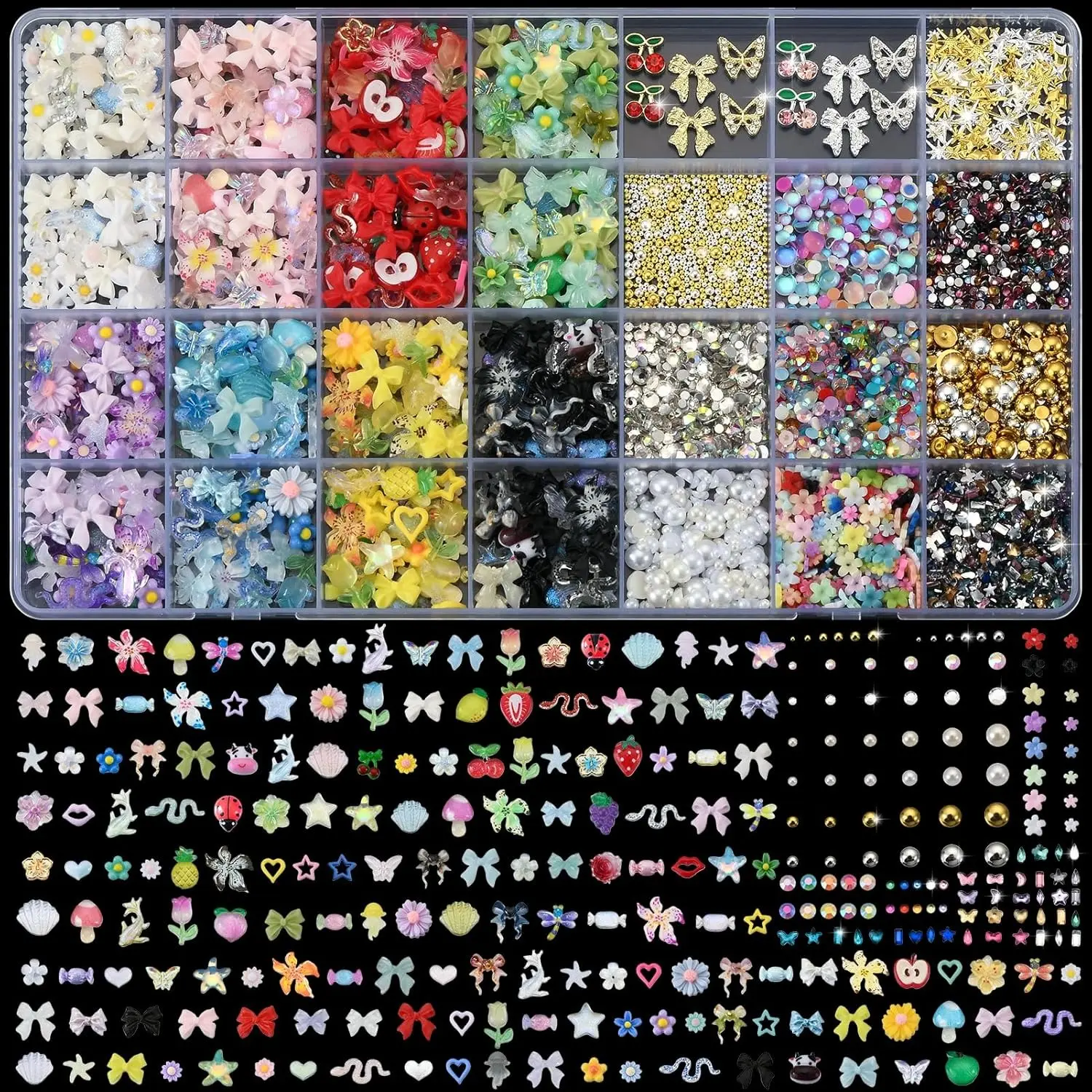 9000 Pcs Y2K 3D Nail Charms & Gems Bulk | 110 Styles Cute Colorful Rhinestones Pearl Bows Butterfly Design Kit for DIY Acrylic Nails