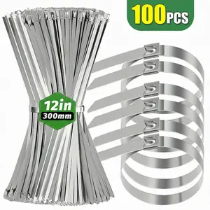 Metal Zip Ties 11.8 inch 100pcs 304 Stainless Steel Zip Ties Heavy Duty Multi-Purpose Self-Locking Cable Ties for Machinery, Vehicles, Exhaust Wrap, Farms, Pipes, Roofs, Cables, and Outdoor Fence