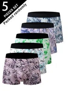 Men's High Elasticity Boxer Briefs, Random Bamboo Leaf Print Design, Youth Fitted Underwear, All-Season Comfortable Fit