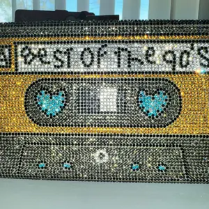 Cute Bejeweled Crossbody Chain Linked Everybody Purse with Cassette Design and Blue Accents