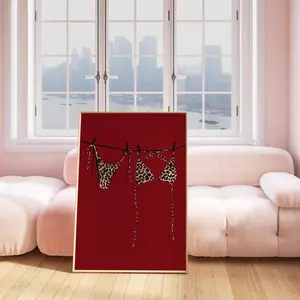 Cherry Red Leopard Wall Art Bikini Print Apartment Decor, Funky Wall Art Retro Poster Dorm Prints Aesthetic Wall Art Trending Home Decor
