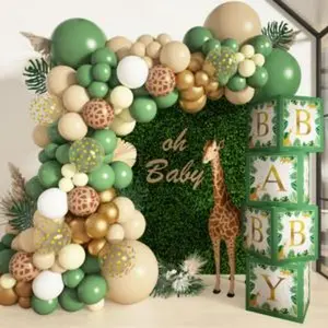 Baby boxes safari jungle baby shower decorations for boy girl safari balloons garland arch kit with 4pcs sage green animal baby boxes nude giraffe print balloons for wild one birthday party supplies