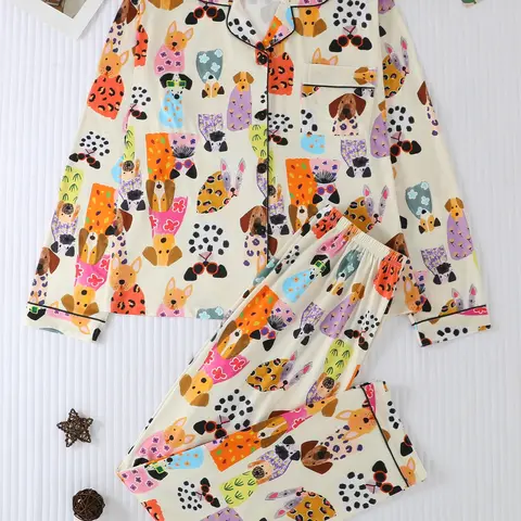 Women's Clock Wand & Bow Print Pajama Set, Lapel Button Long Sleeve Top and Comfortable Fitted Pants, Casual All-Season Sleepwear Loungewear, Animal