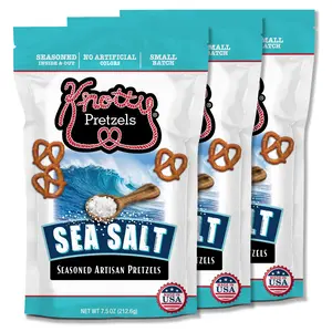 Sea Salt 3pk. Knotty Pretzels “The Official Pretzel of Beer” 7.5 oz Individual Seasoned Pretzels in Resealable Pretzel Snack Bags, The Perfect Pairing for Beer, Sea Salt Flavor (3-Pack)
