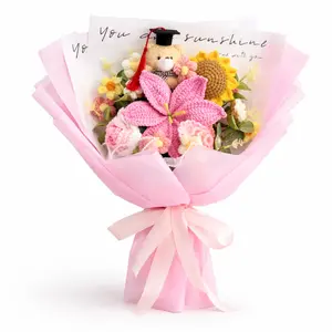 Graduation Gift, Handmade Crochet Flower Bouquet with Teddy Bear Wearing Graduation Cap, Birthday & Anniversary Gift for Her, Girlfriend, Wife, Friend, Includes Greeting Card, Eco-Friendly Forever Flowers in Pink, Blue & Yellow