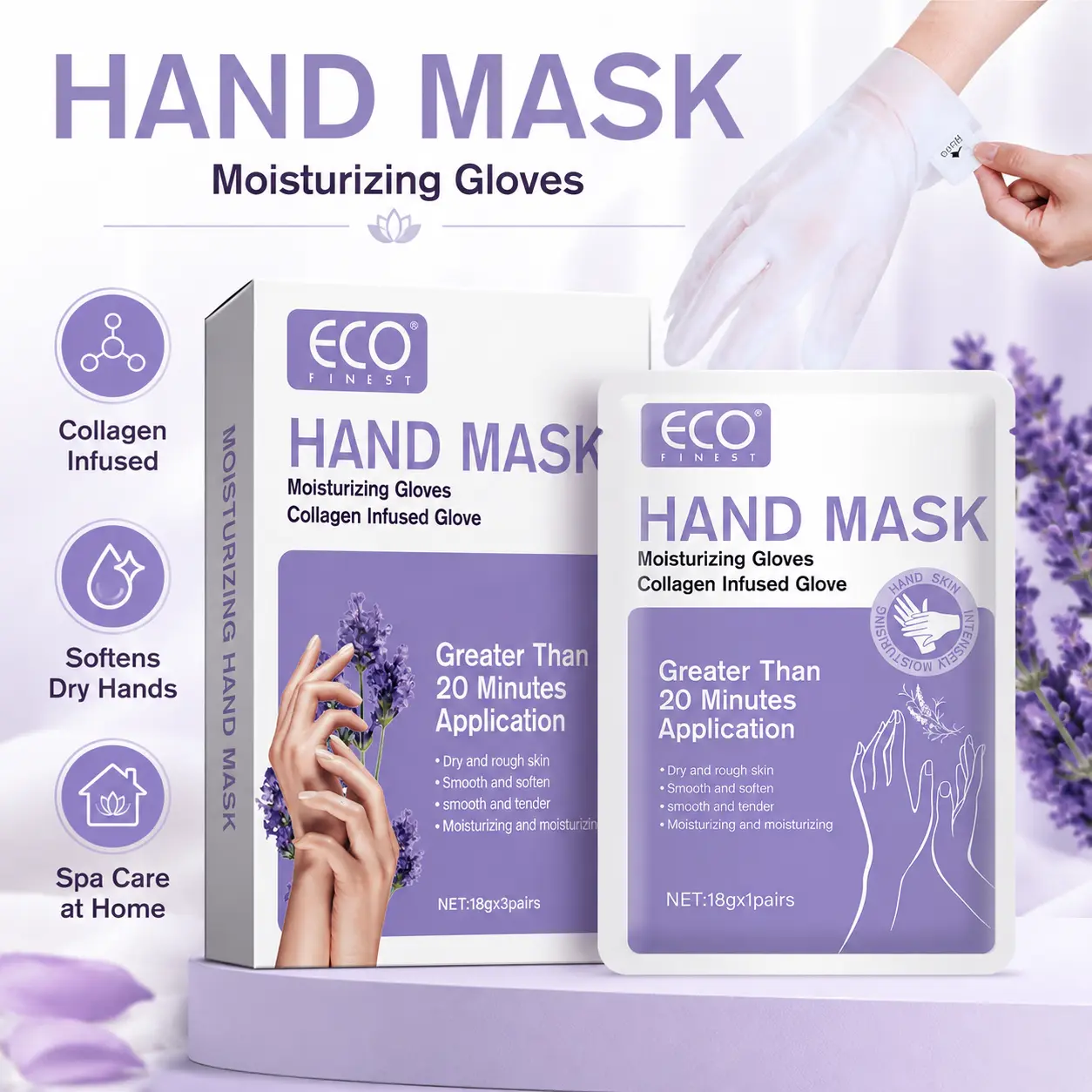 Eco Finest Lavender Hydrating Hand Mask Gloves - Deep Moisturizing & Repair for Dry Skin, Anti-Aging & Brightening, Calming Scent, Perfect for Daily Self-Care