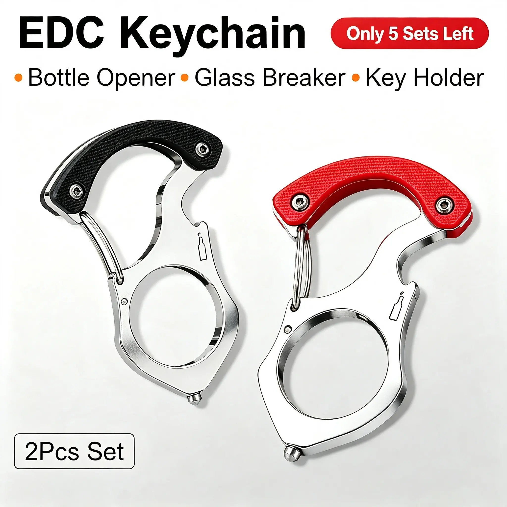 2Pcs Heavy-Duty Metal EDC Carabiner Keychains, Multifunctional Key Holder Hook with Beer Bottle Opener & Car Emergency Glass Breaker, Outdoor Camping Survival Accessory, Men's Gift