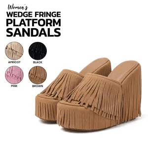 VIMISAOI Womens Wedge Fringe Platform Sandals Open Round Toe Wedge Slip On Fringe Boho Cowboy Style Tassel Comfortable Western Vintage Country Festival Wedding Outing Date Casual Vacation Walking Suede Slides Summer Dress Shoes