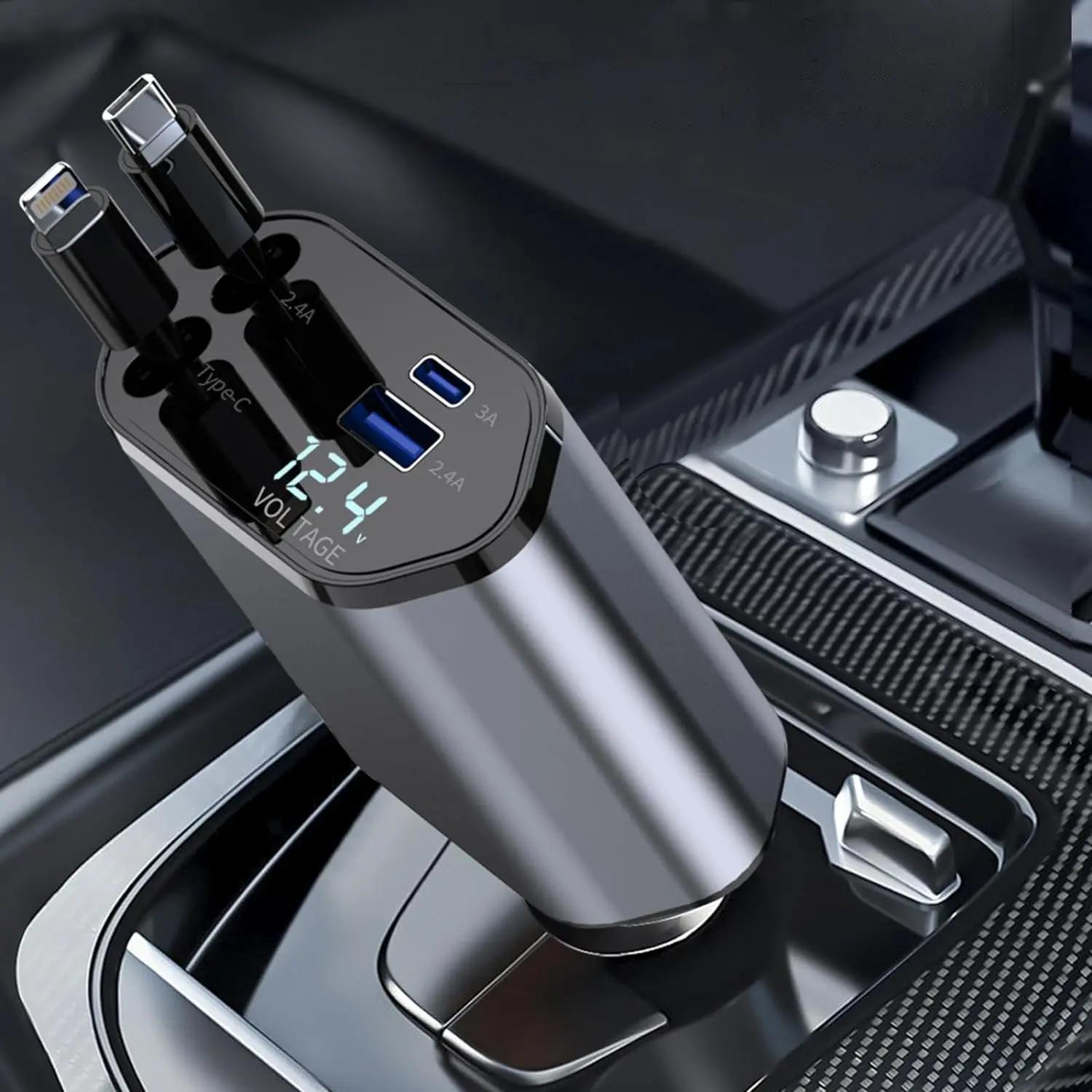 WHATOOK 4-in-1 USB Car Charger - Fast Charging, Dual Ports, Retractable Lightning Connector, Starlight Roof Light, Portable Adapter, Auto Accessories, Car Interior Accessories, Dual Charge for iPhone, Android, iPad, Switch, Travelers, Portable Phone Charg
