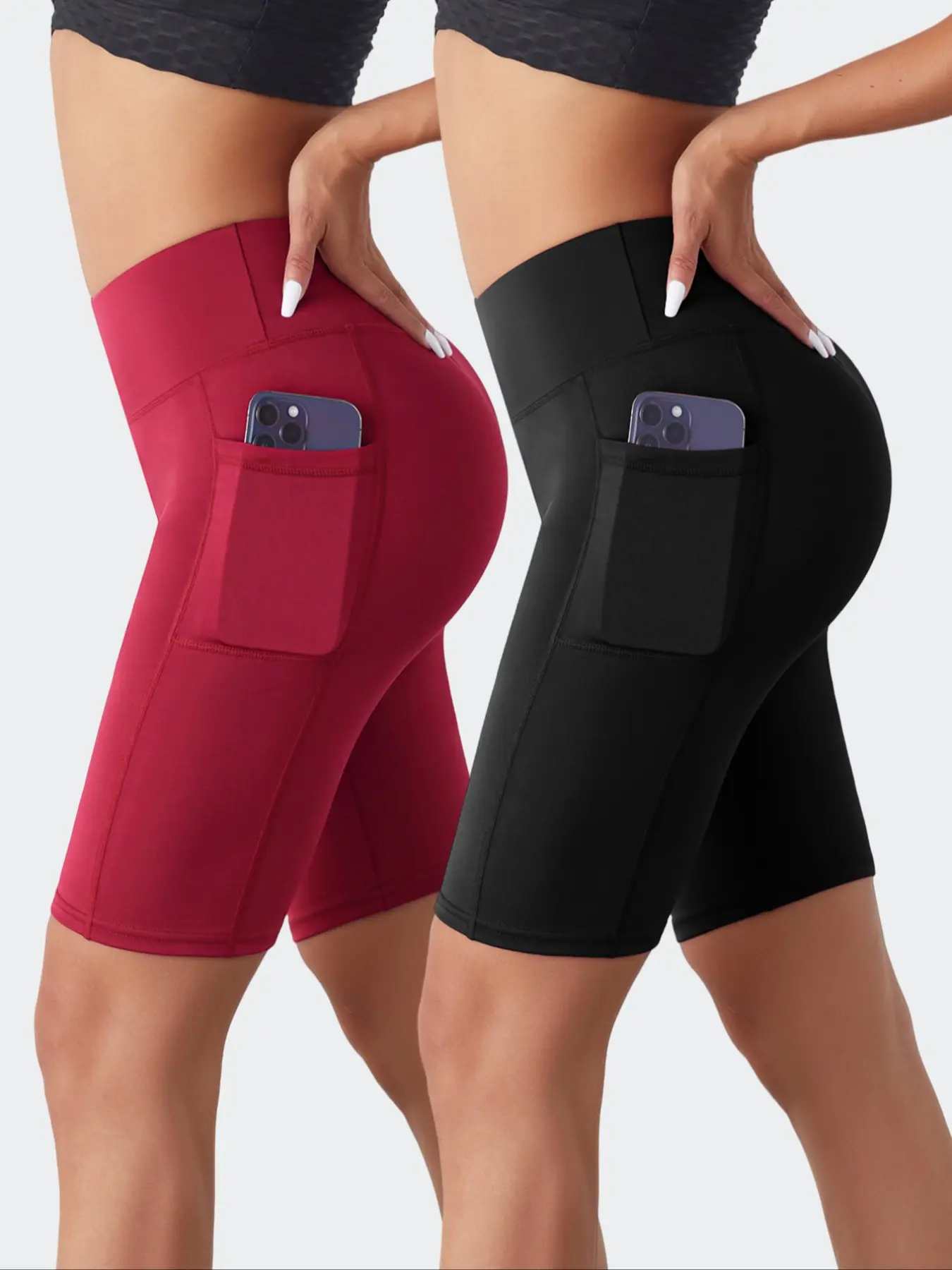 2PCS Ladies' High Waist Sports Shorts with Side Pockets, Tummy Control Shorts, Ideal for Workout, Cycling & Fitness Wear, Comfortable Soft Fabric, Yoga Clothes, Athleisure Shorts, Stretchy Shorts, Casual High Rise Shorts