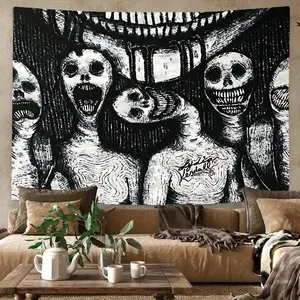 Ethereal Gothic Skull & Abstract Design Tapestry - Soft Peach Skin Velvet, Black and White Home Decor, Multi-Size Options for Bedroom & Living Room, Ideal Gift