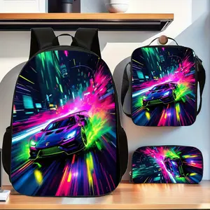 3pcs Racing car Fashion Backpack Set, 1*Lunch Bag, 1*Pencil Case, Adjustable Shoulder Straps, Zipper Closure, The perfect gift for the holidays