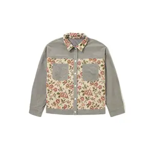 Women's Medium Grey Corduroy Floral Patchwork Jacket – Vintage V-Neck Long Sleeve for Daily Casual Wear
